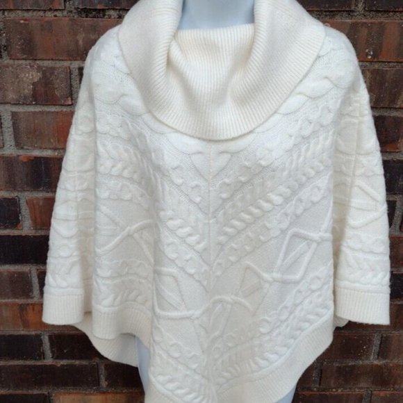 Talbots White Cable Knit Poncho Sweater Cowl Neck Cotton Blend XS NWT - Picture 2 of 7